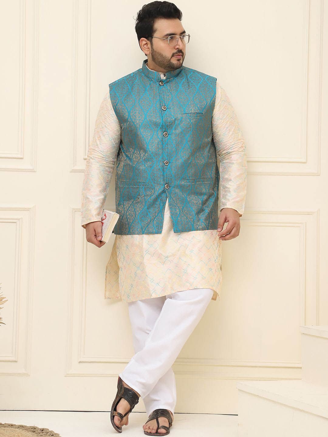 SOJANYA PLUS Lelaki Plus Size Printed Mandarin Collar Nehru Jaket