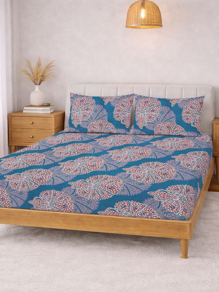 Myntra Elegant Homes Blue Ethnic Motifs 300 TC Bedsheet With 2 Pillow Covers