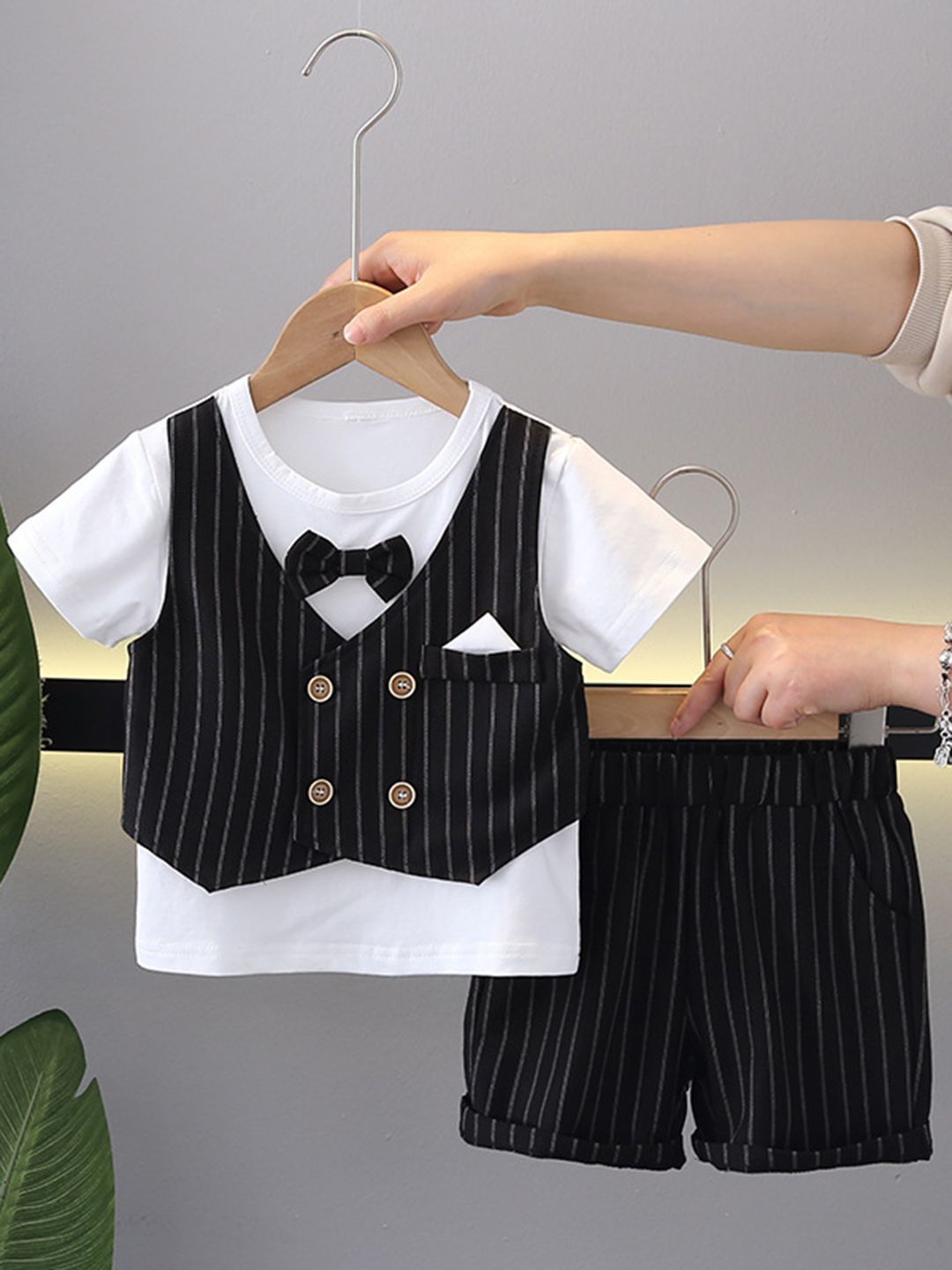 YK Boys Striped Round Neck T-shirt With Attached Waistcoat & Shorts