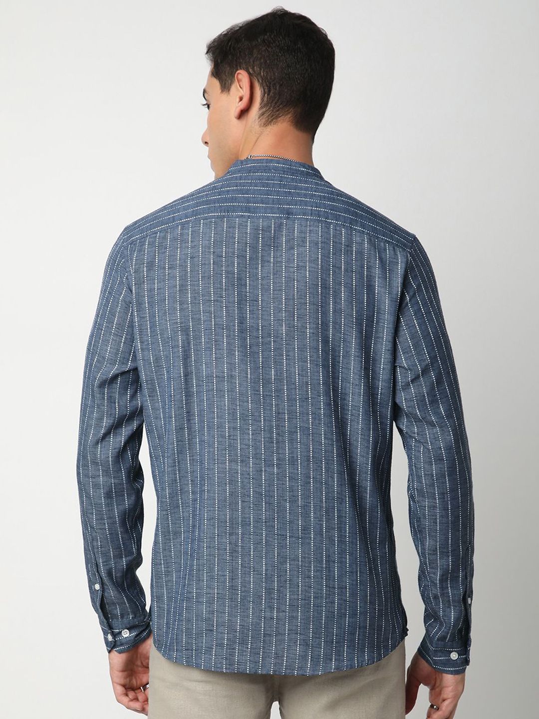 VASTRADO Pure Cotton Striped Mandarin Collar Dobby A-Line Short Kurta