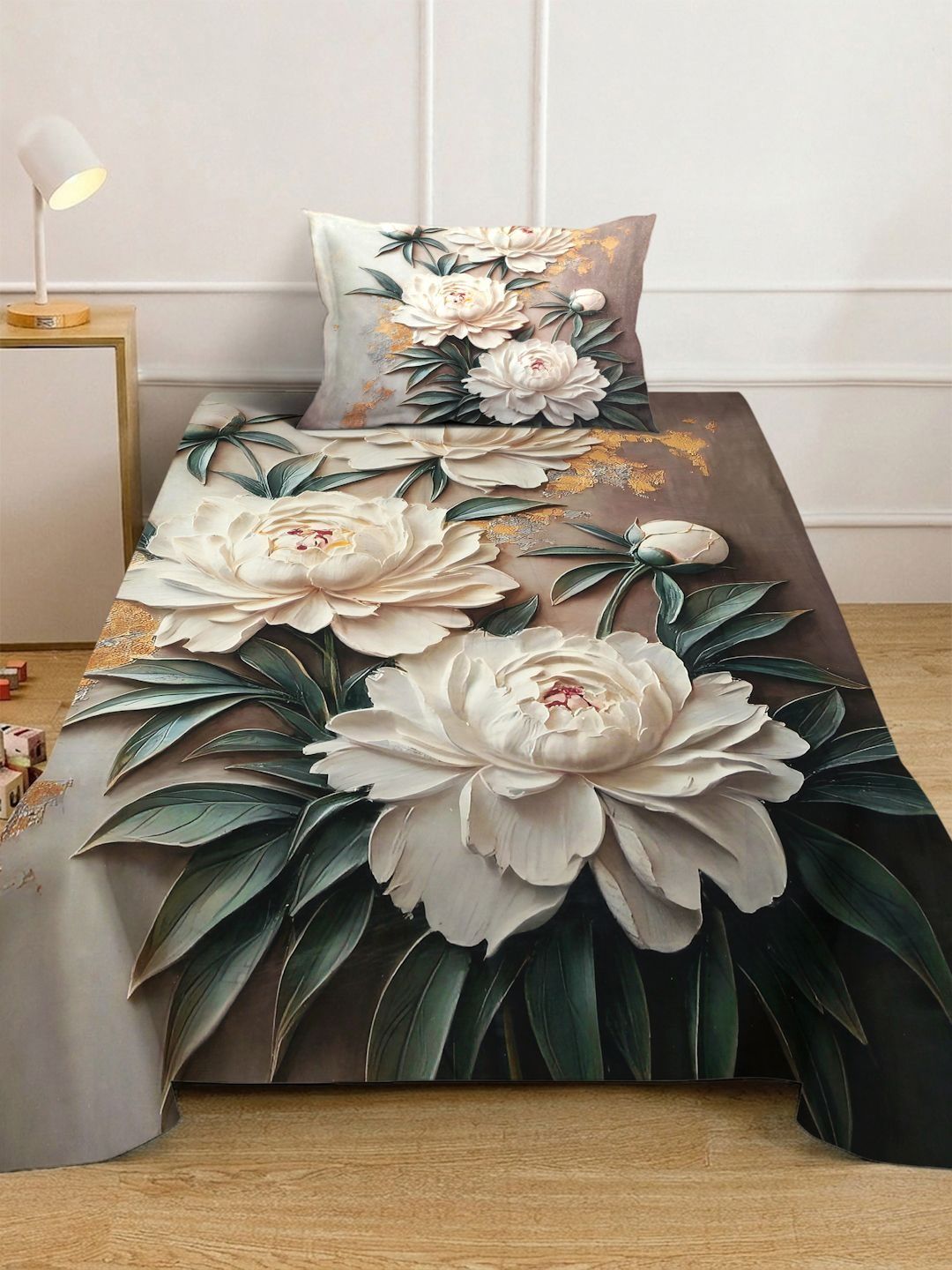 KLOTTHE Coklat & Putih Floral Dilengkapi Cadar 7D Single 400 TC dengan 1 Sarung Bantal