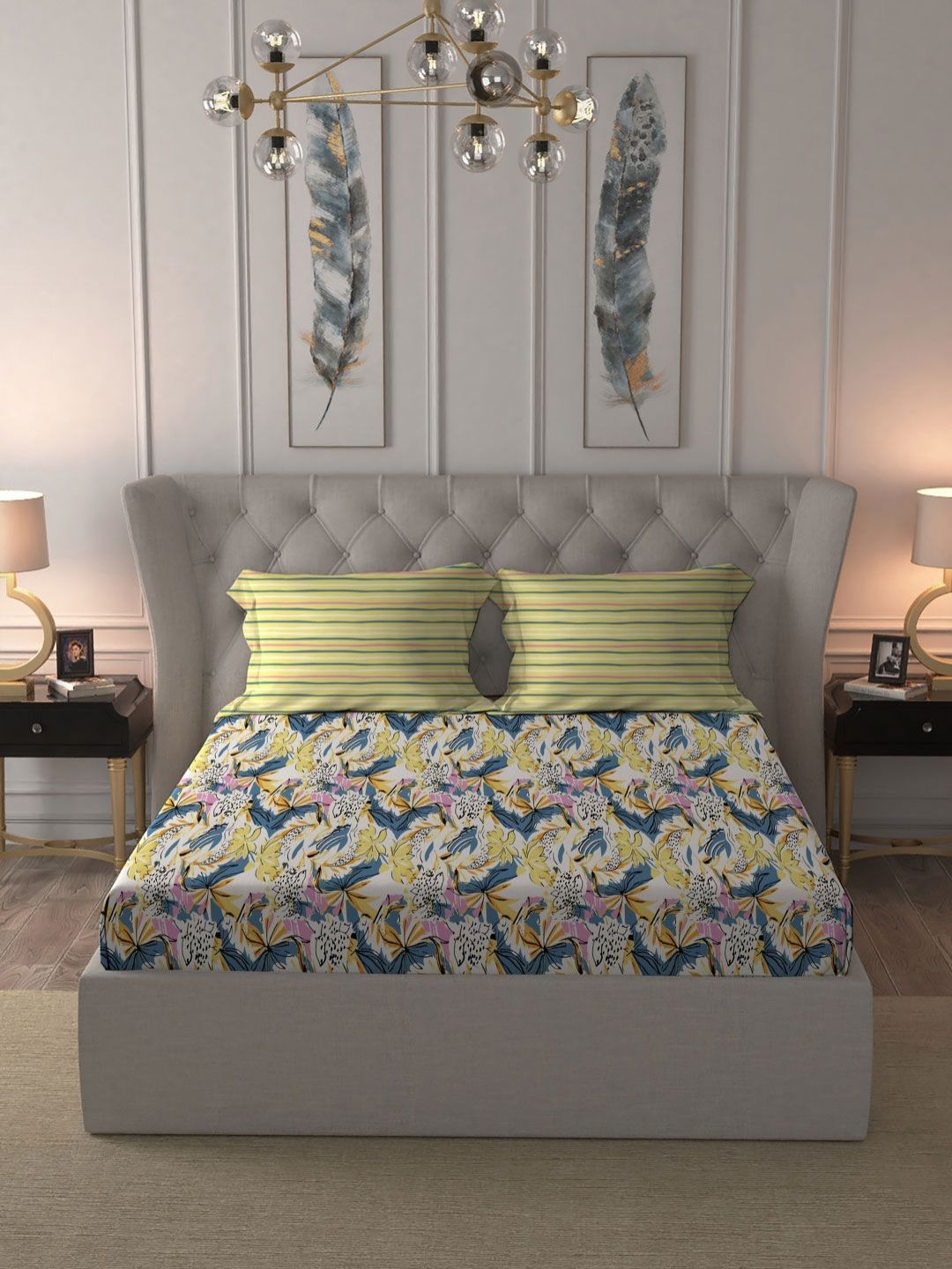 MYTRIDENT Dahlia Yellow Moments Flat 120TC Queen Cotton 1 Bedsheet with 2 Pillow Covers