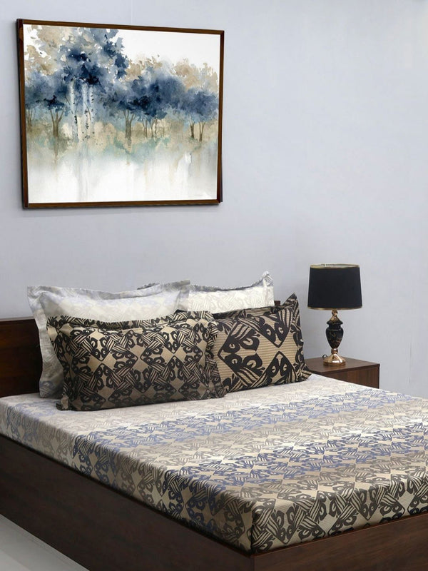BOMBAY DYEING Grey & Brown Printed 300 TC Cotton King Bedsheet with 4 Pillow Covers