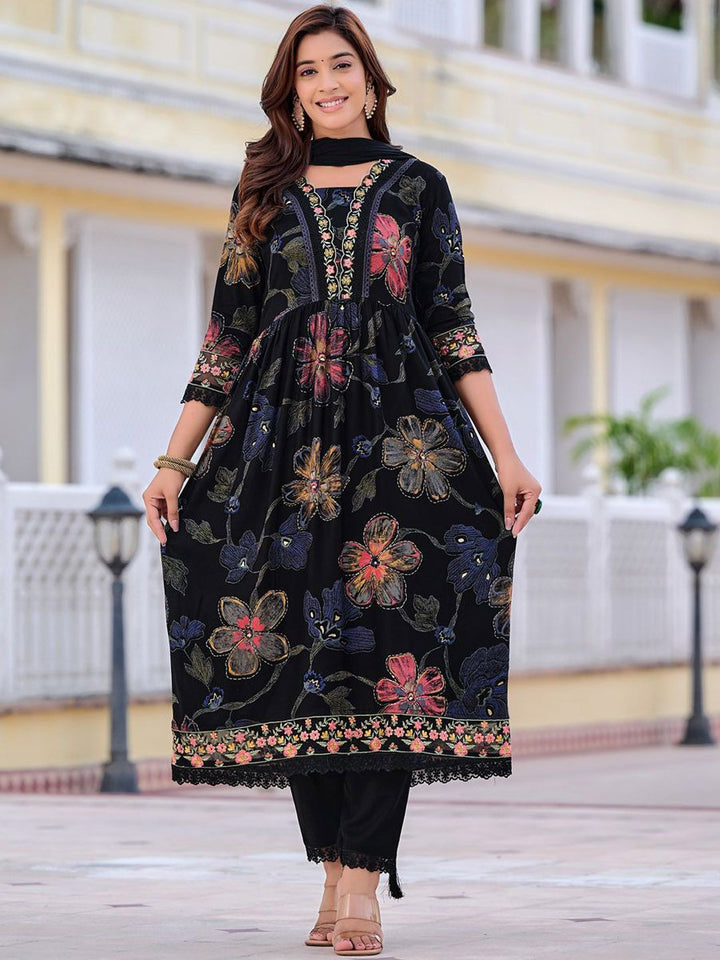 KALINI Floral Printed V-Neck Thread Work Anarkali Kurta With Trousers & Dupatta