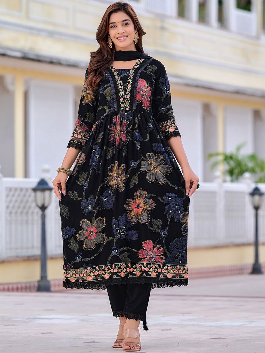 KALINI Floral Printed V-Neck Thread Work Anarkali Kurta With Trousers & Dupatta