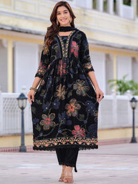 KALINI Floral Printed V-Neck Thread Work Anarkali Kurta With Trousers & Dupatta