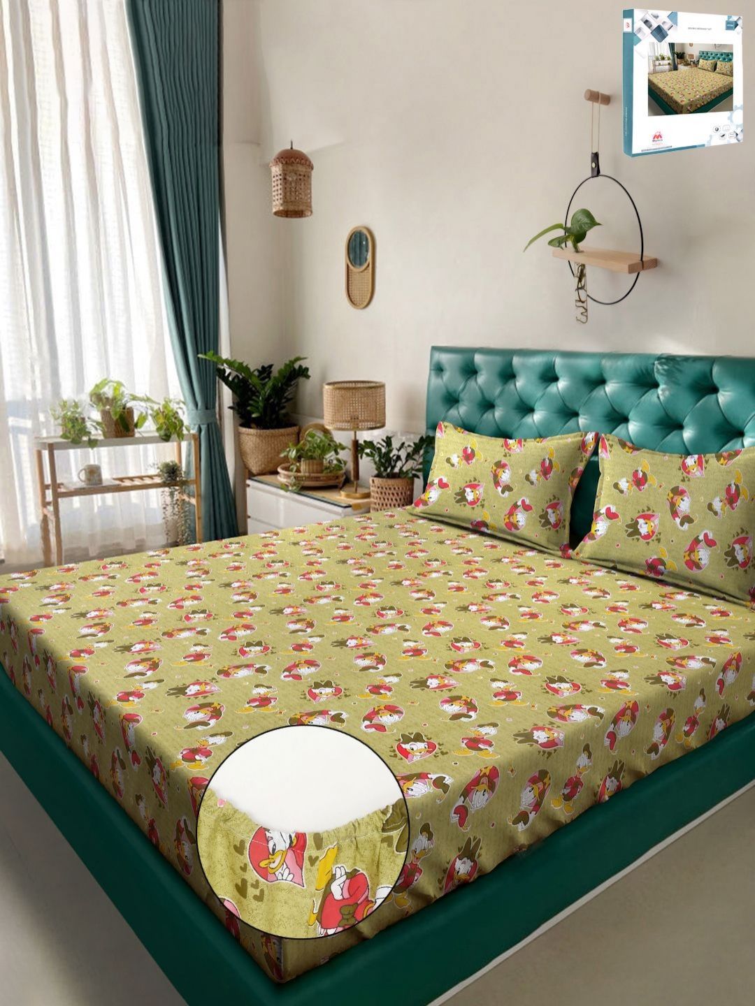 Myntra Elegant Homes Watak Kartun Hijau Kapas Tulen 400 TC Dilengkapi Cadar King Halus dengan 2 Sarung Bantal-98 x 89 inci