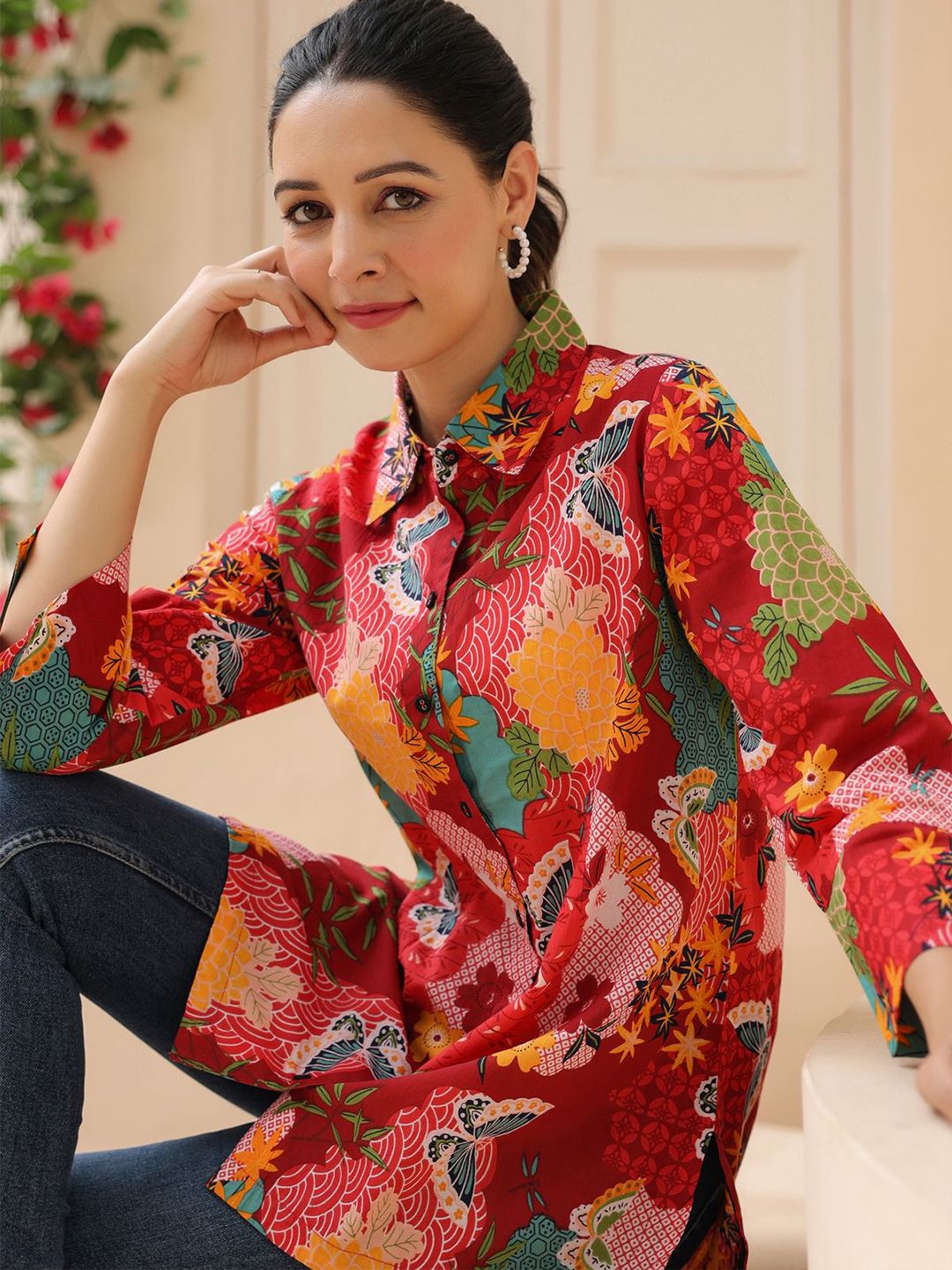 Rain & Rainbow Women Floral Printed Shirt Collar Cotton Top