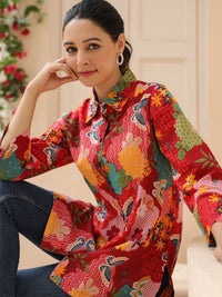 Rain & Rainbow Women Floral Printed Shirt Collar Cotton Top
