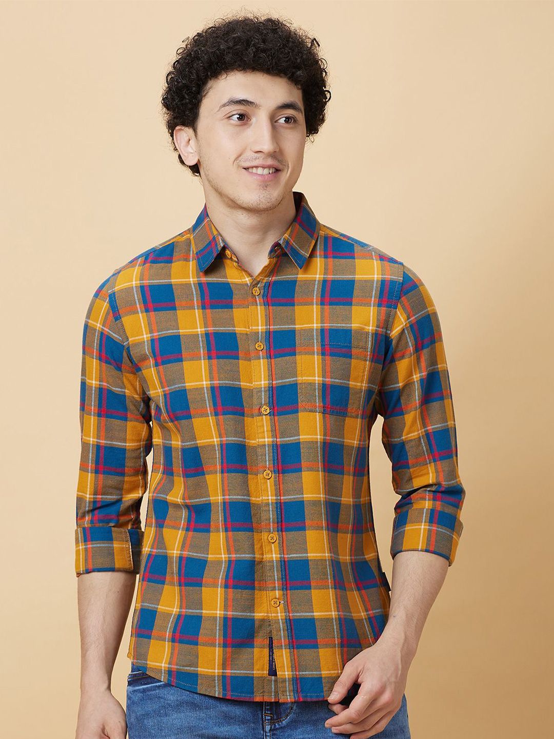 Being Human Men Classic Slim Fit Spread Collar Tartan Checked Cotton Casual Shirt