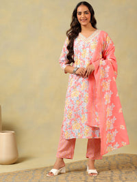 Mamicha Women Floral Printed Regular Thread Work Pure Cotton Kurta with Trousers & With Dupatta