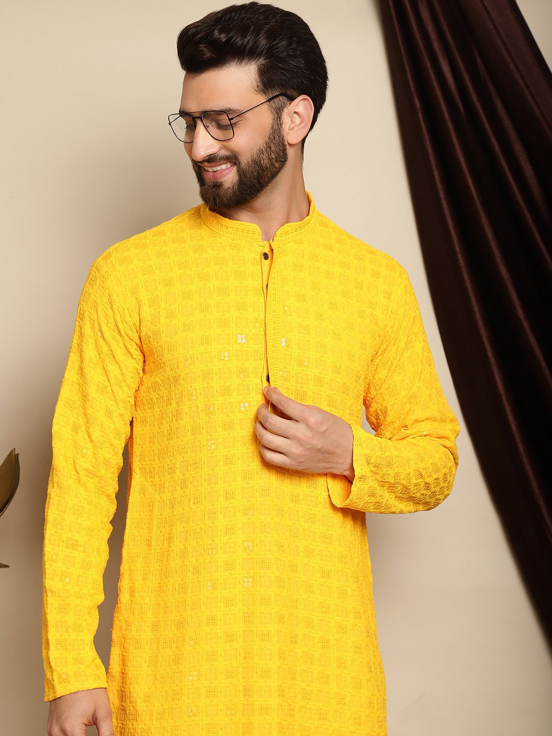 Anouk Yellow Embroidered Sequinned Pure Cotton Kurta with Churidar