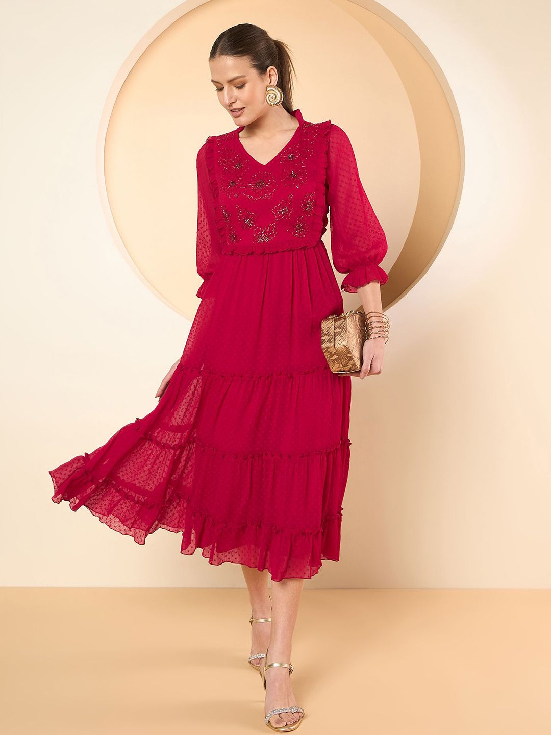 Antheaa Women Puff Sleeves Fit & Flare Midi Dress