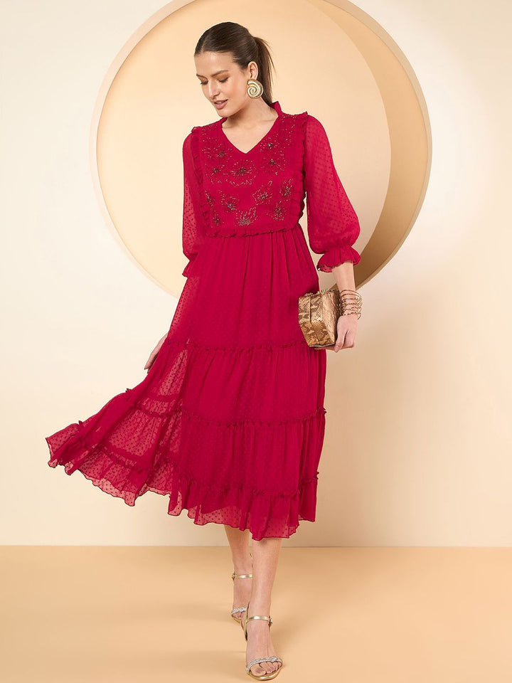 Antheaa Women Puff Sleeves Fit & Flare Midi Dress