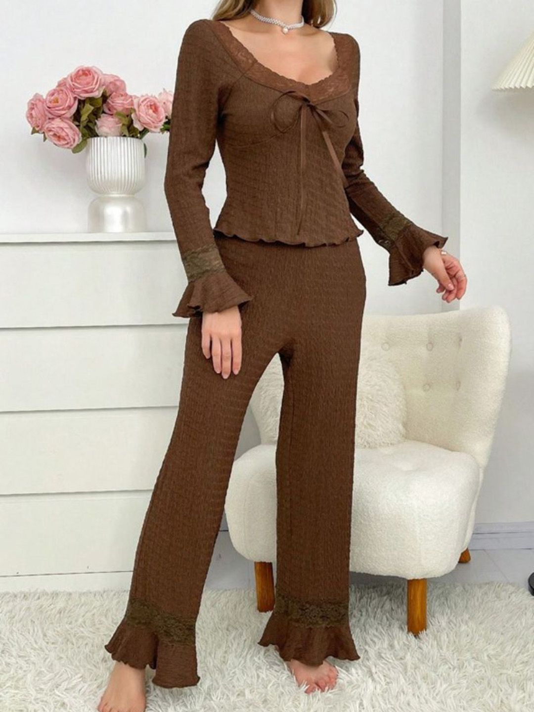 DressBerry Women Solid Tie-Up Neck Top Pyjamas Night suit