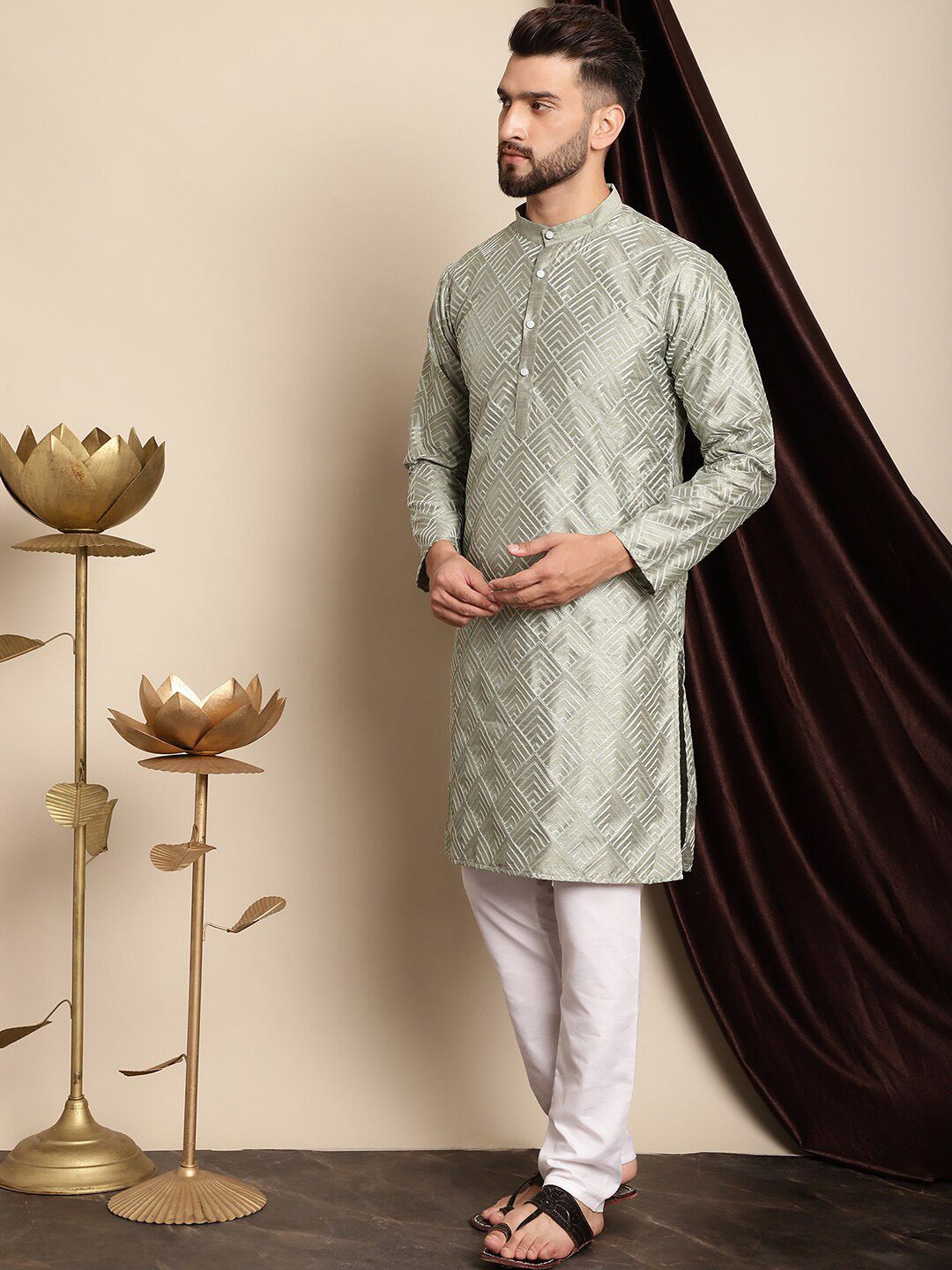 Anouk Embroidered Band Collar Regular Kurta with Churidar