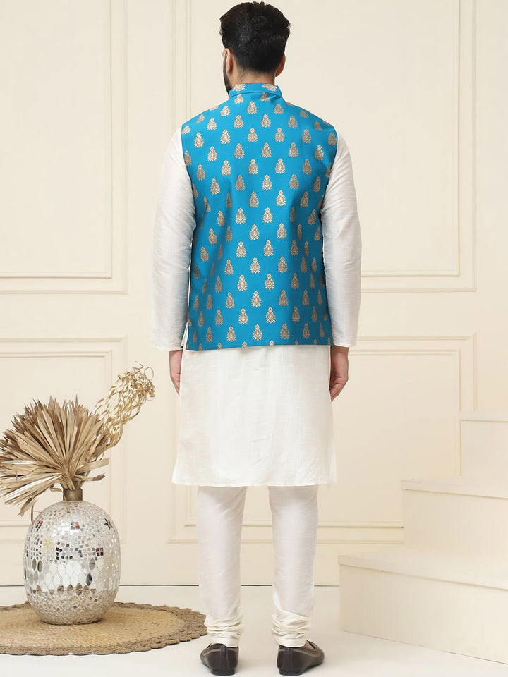 SOJANYA Mandarin Collar Silk Cotton Straight Kurta dengan jaket Churidar & Nehru