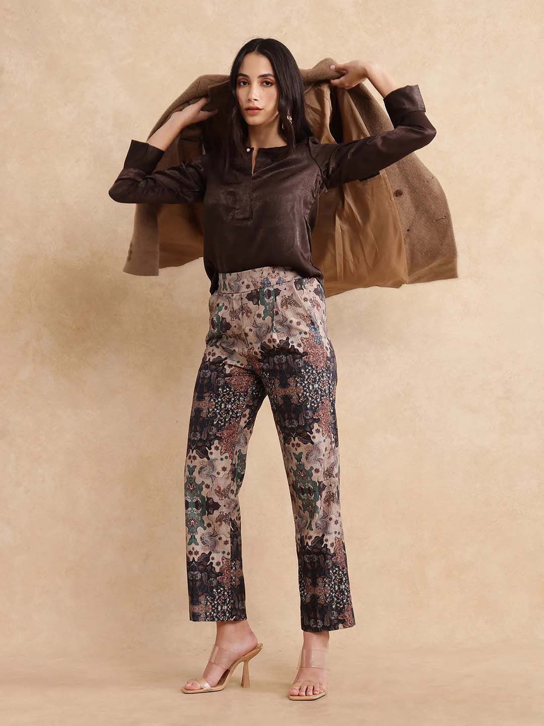 RAREISM Women Cotton Printed Comfort Straight Fit High-Rise Trousers