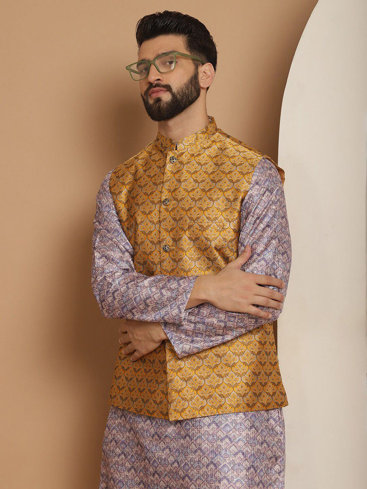 Anouk Men Geometric Printed Straight Kurta With Churidar & Nehru Jacket