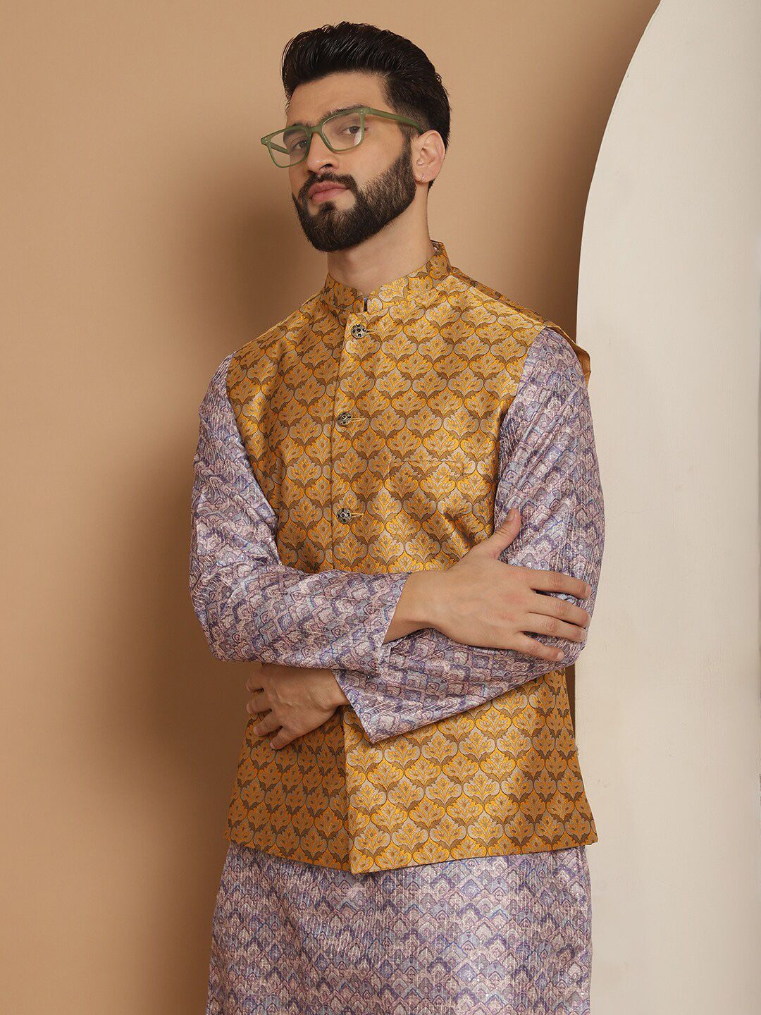 Anouk Men Geometric Printed Straight Kurta With Churidar & Nehru Jacket