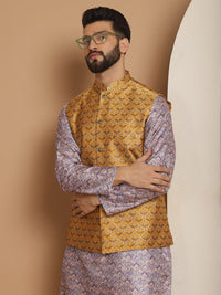 Anouk Men Geometric Printed Straight Kurta With Churidar & Nehru Jacket
