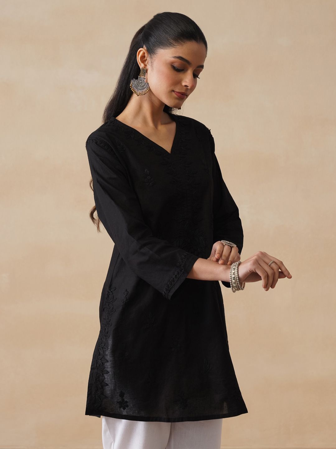 Rumah Chikankari Wanita Kapas Hitam Chikankari Sulam Kurti