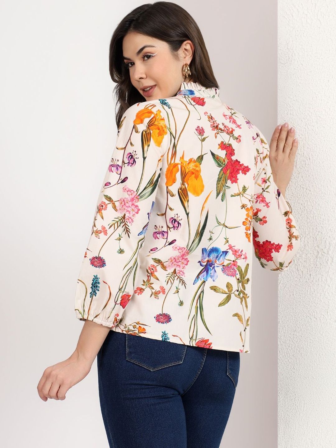 Mamicha Floral Print Tie-Up Neck Ruffles Cotton Top