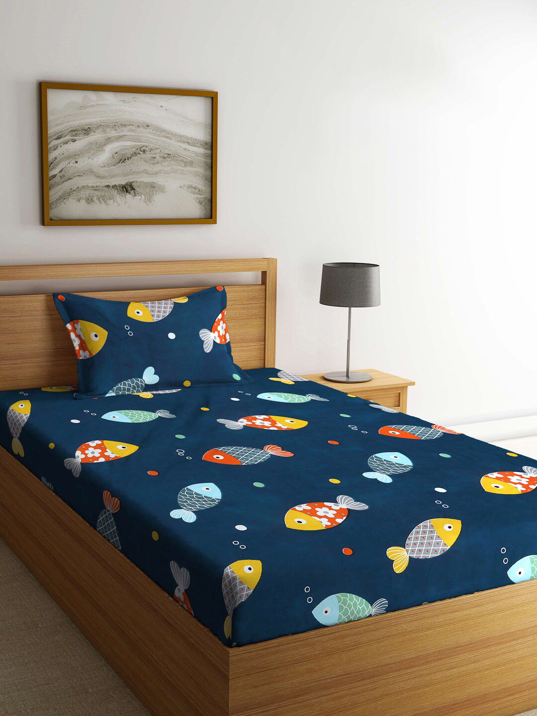 KLOTTHE Blue Graphic Polycotton 300 TC Fitted Single Fine Bedsheet with a Pillow Cover-220 x 150 cm