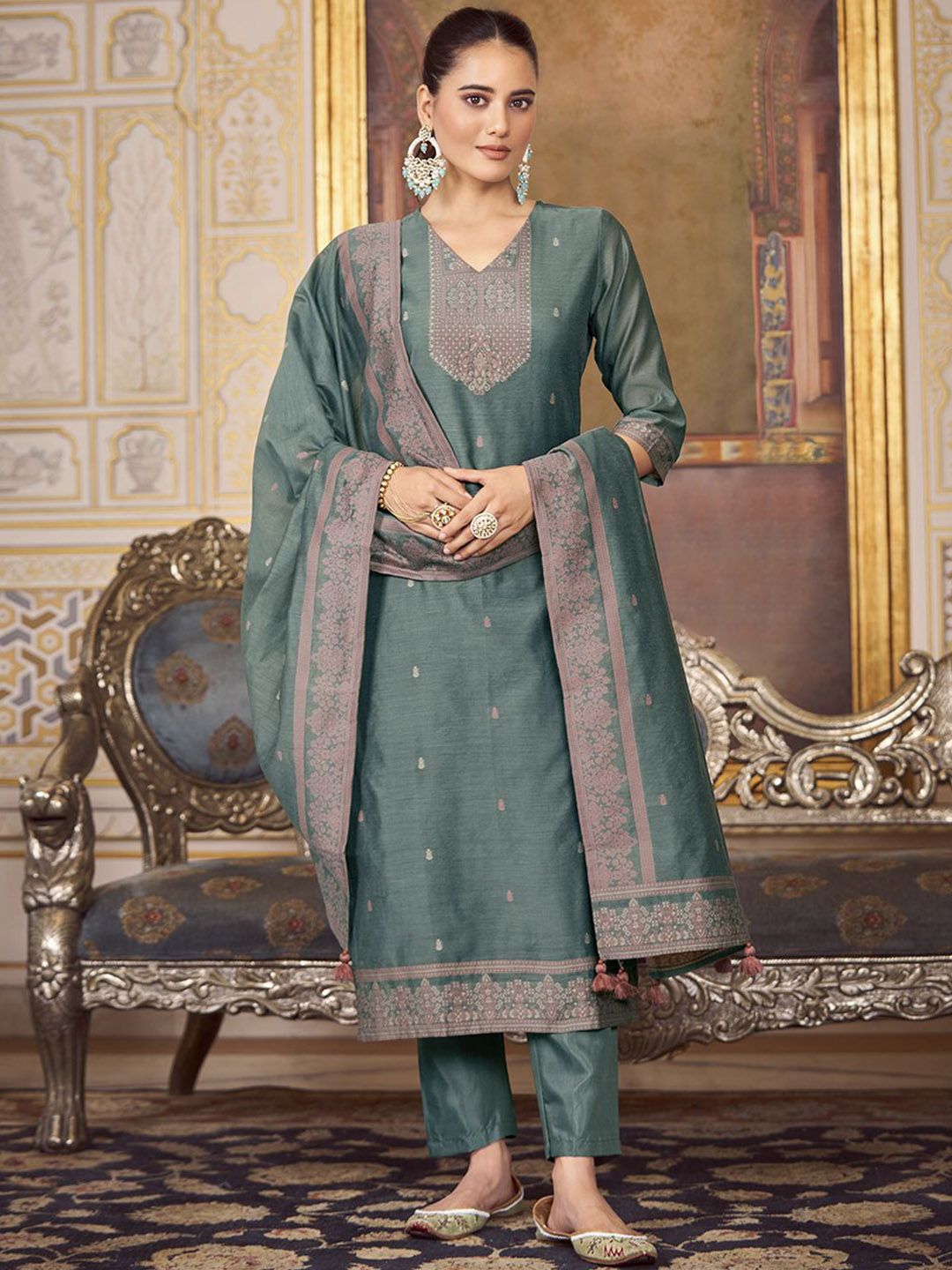 KALINI Women Woven Straight Silk Blend Kurta with Trousers & With Dupatta