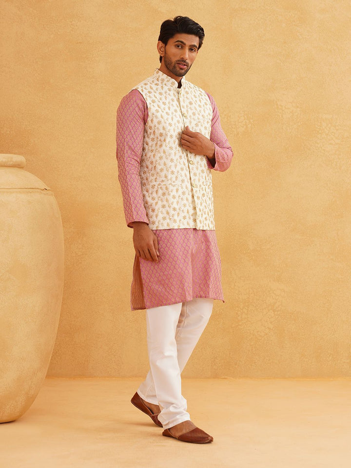 SOJANYA Motif Etnik Rekaan Tenun Kurta Kolar Mandarin Dengan Jaket Churidar Dan Nehru