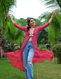 KALINI Bandhani Printed Mandarin Collar Sequins Front Slit Georgette A-Line Kurta