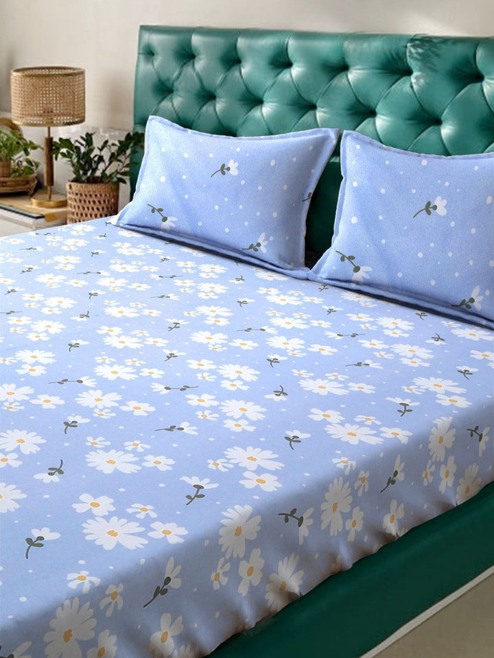 KLOTTHE Blue Floral Cotton 300 TC King Fine Bedsheet with 2 Pillow Covers-98 x 89 inches