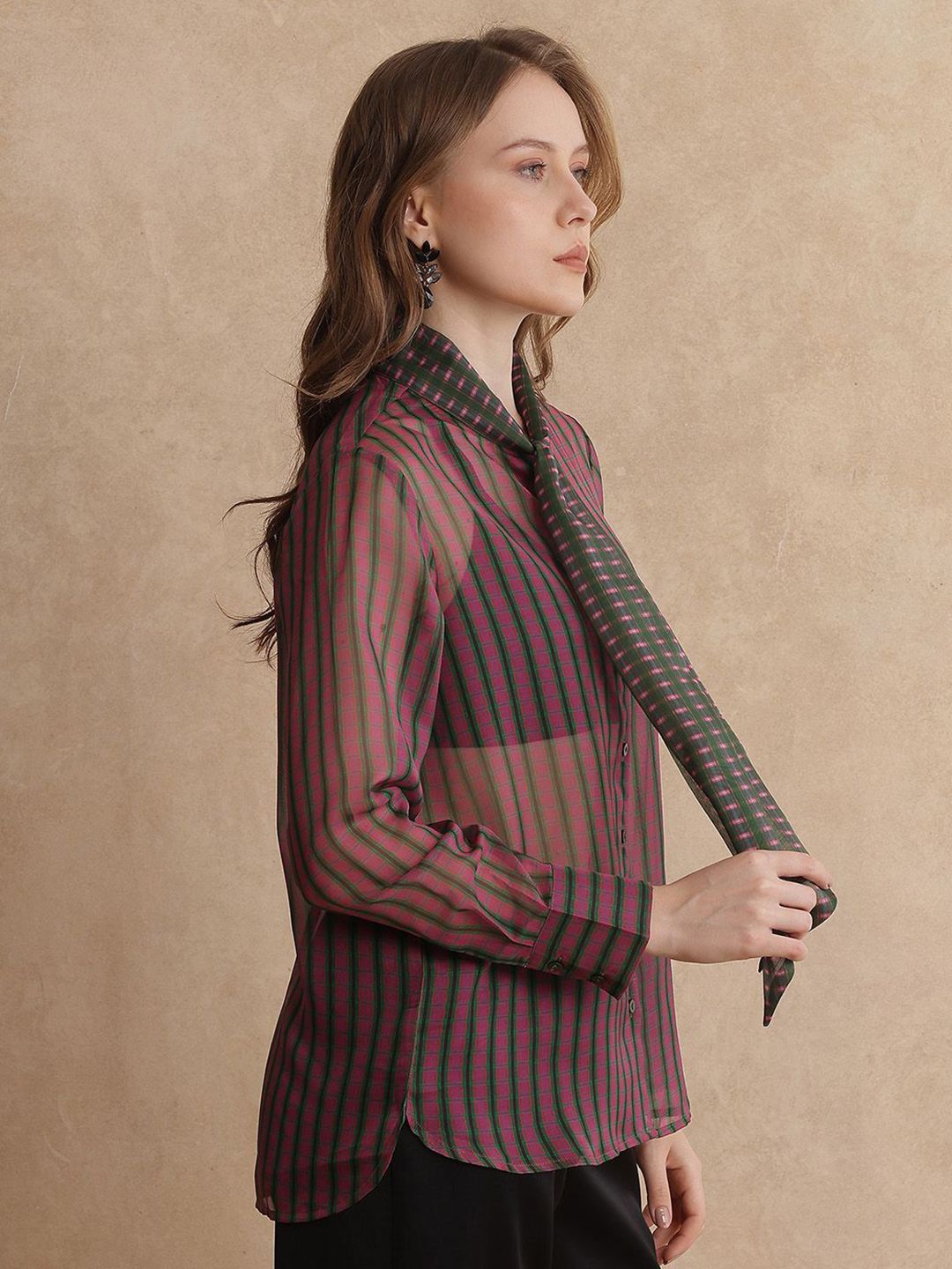 RAREISM Women Checked Tie-Up Neck Shirt Style Top