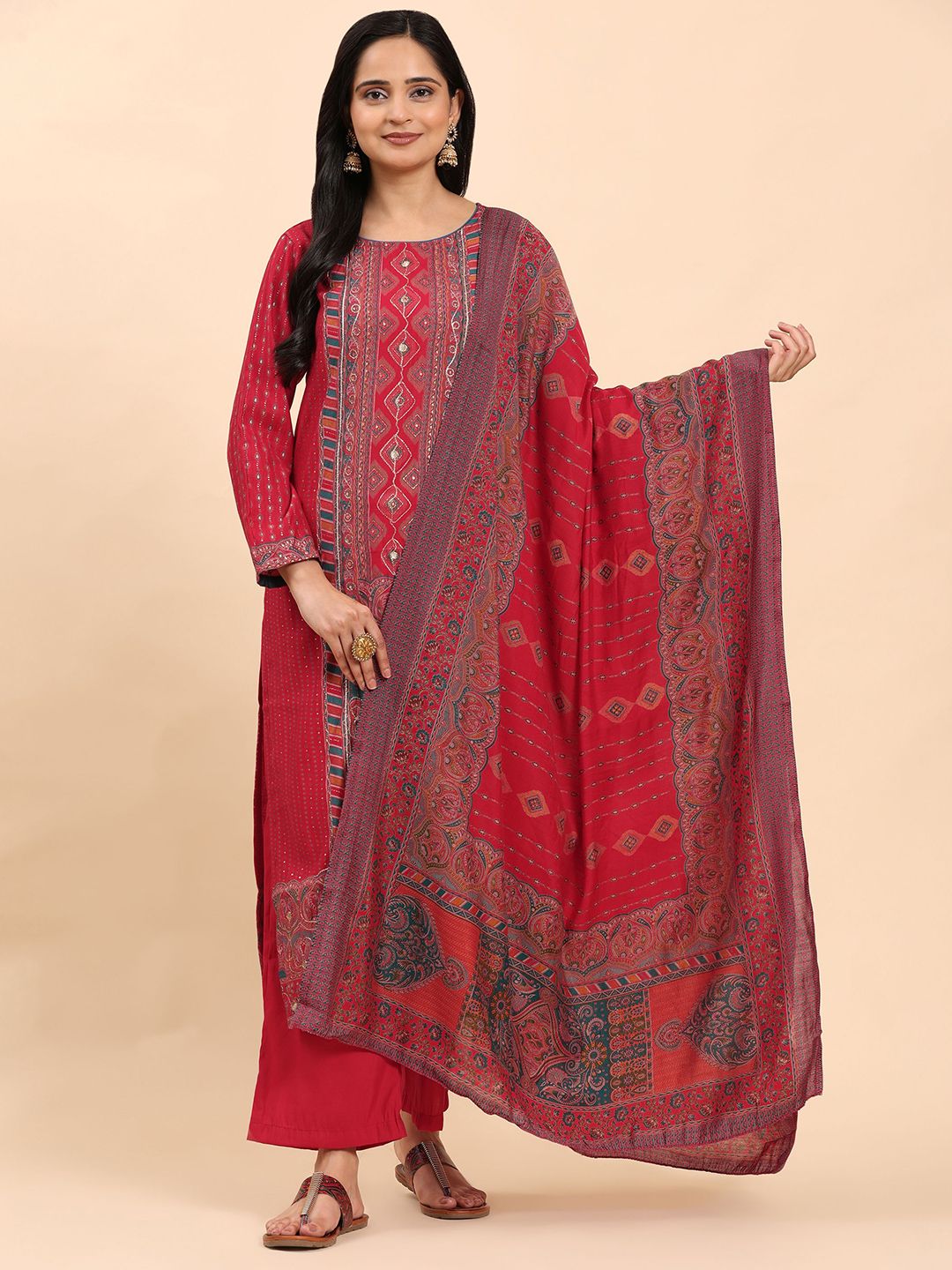 Mamicha Women Ethnic Motifs Embroidered Regular Thread Work Pure Cotton Kurta with Palazzos & With Dupatta