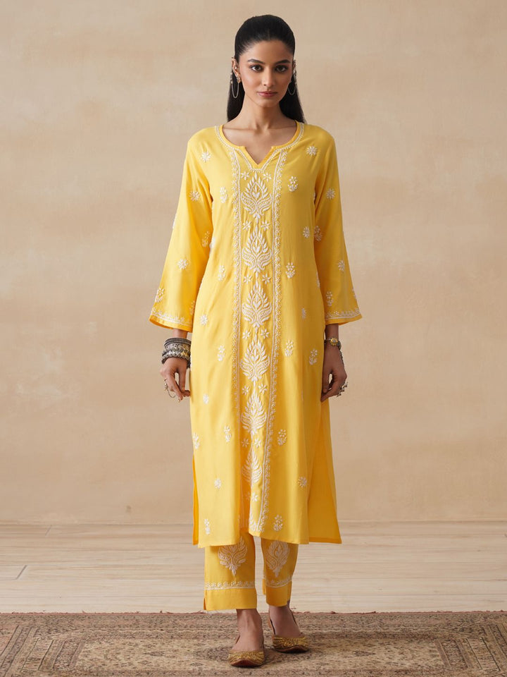 House of Chikankari Women Yellow Rayon Chikankari Embroidered Kurta Set