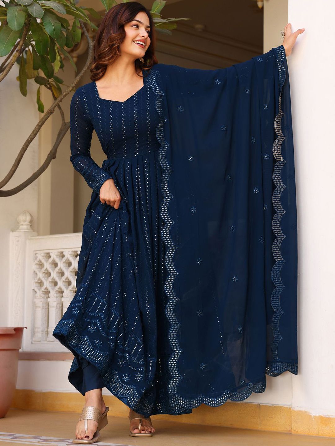 KALINI Geometric Embroidered Sweetheart Neck Anarkali Kurta With Pyjamas & Dupatta