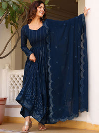 KALINI Geometric Embroidered Sweetheart Neck Anarkali Kurta With Pyjamas & Dupatta