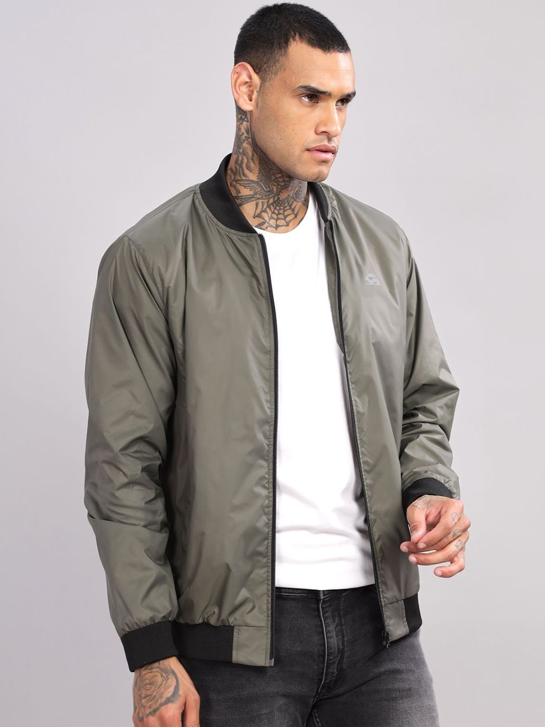ADRO Men Stand Collar Solid Casual Bomber Jacket