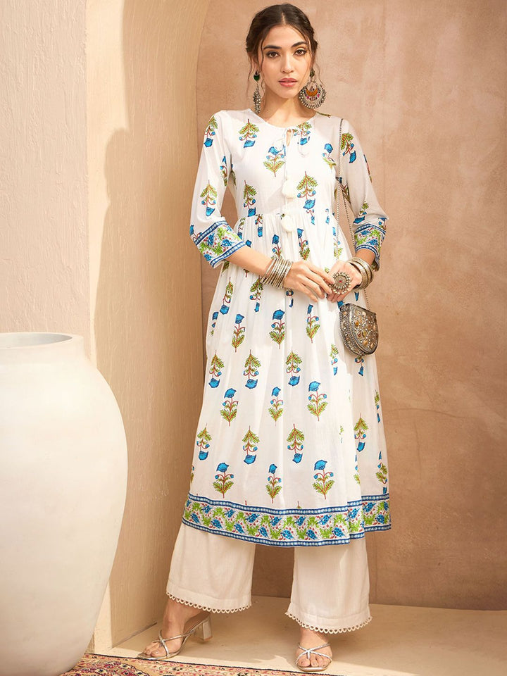 Shae by SASSAFRAS Floral Block Printed Keyhole Neck Anarkali Pure Cotton Kurta