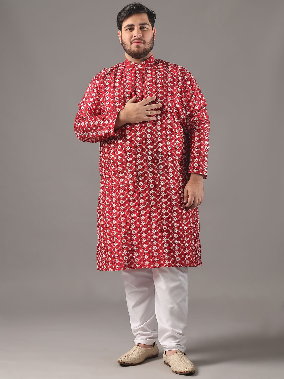 SOJANYA PLUS Plus Size Lelaki Kolar Jalur Sulam Bunga Kurta Lurus Dan Piyama