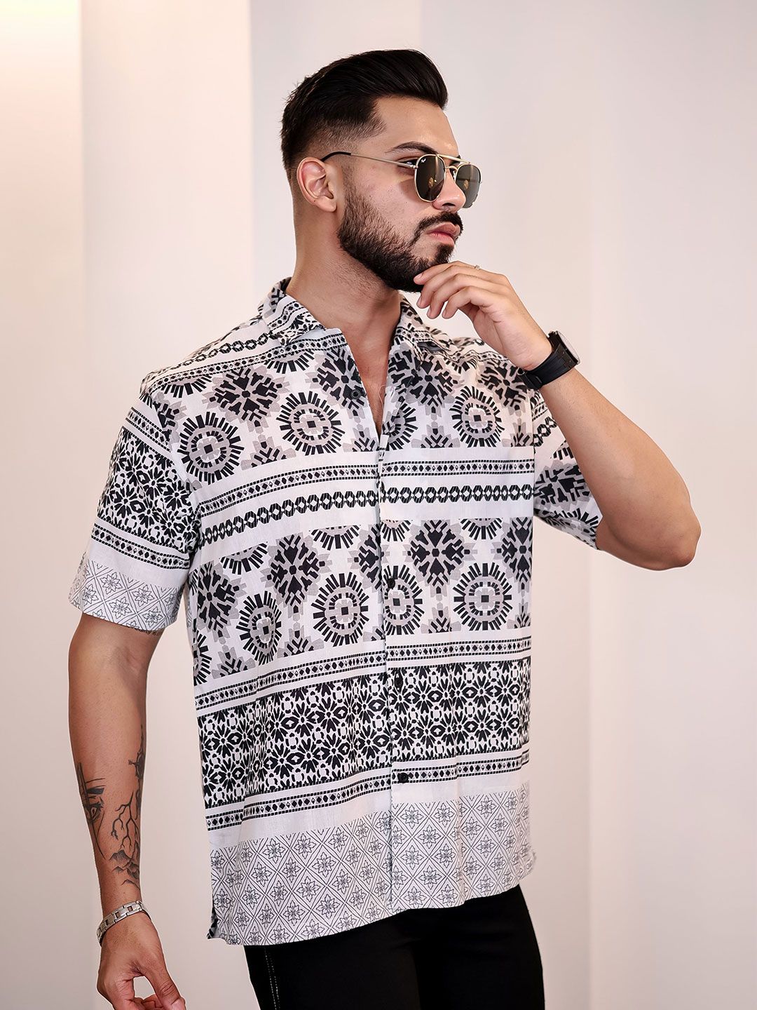 Eszett Men Floral Printed Cuban Collar Linen Casual Shirt