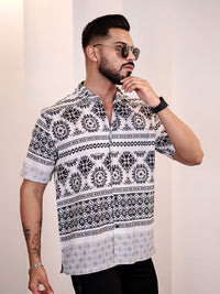 Eszett Men Floral Printed Cuban Collar Linen Casual Shirt