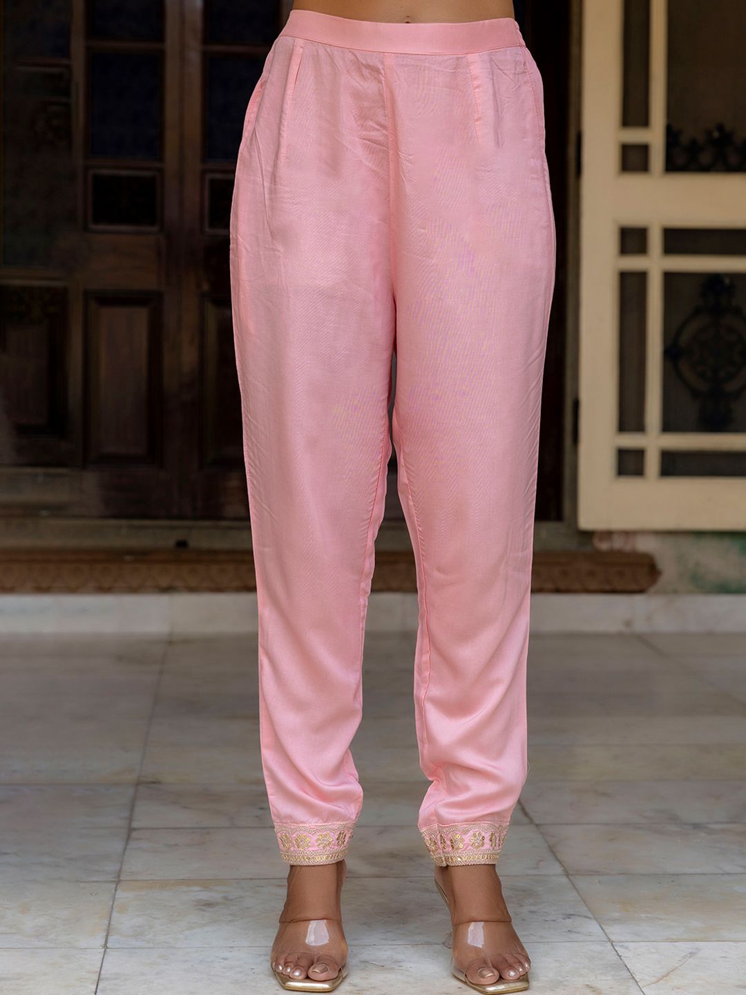 KALINI Floral Yoke Design Zari Gotta Patti Kurta with Trousers & Dupatta