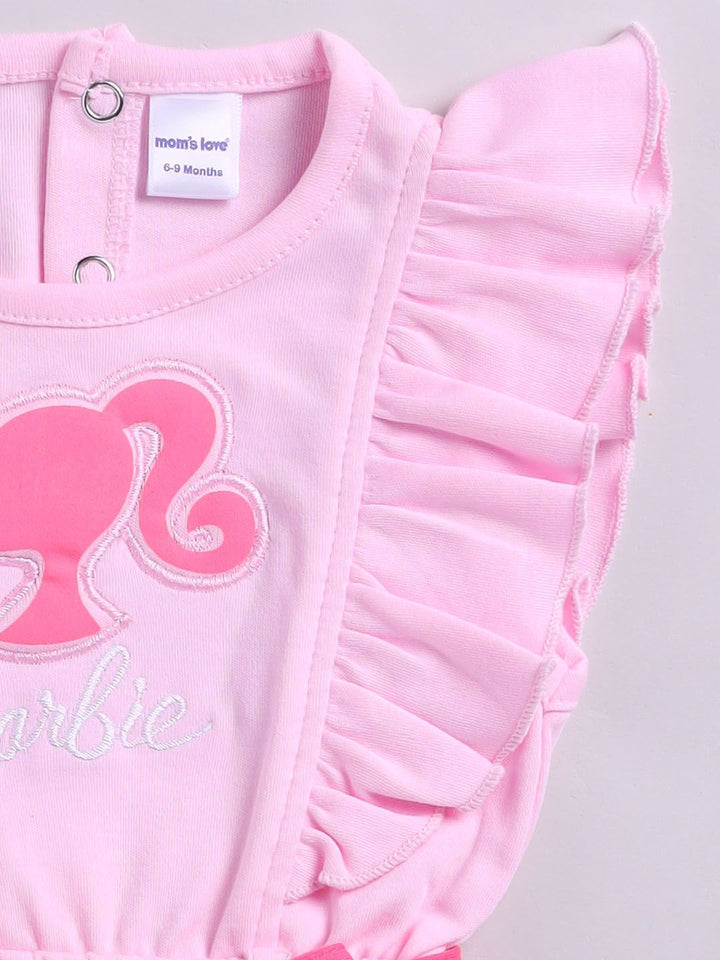 Moms Love Infant Girls Barbie Printed Pure Cotton Ruffled Basic Jumpsuit