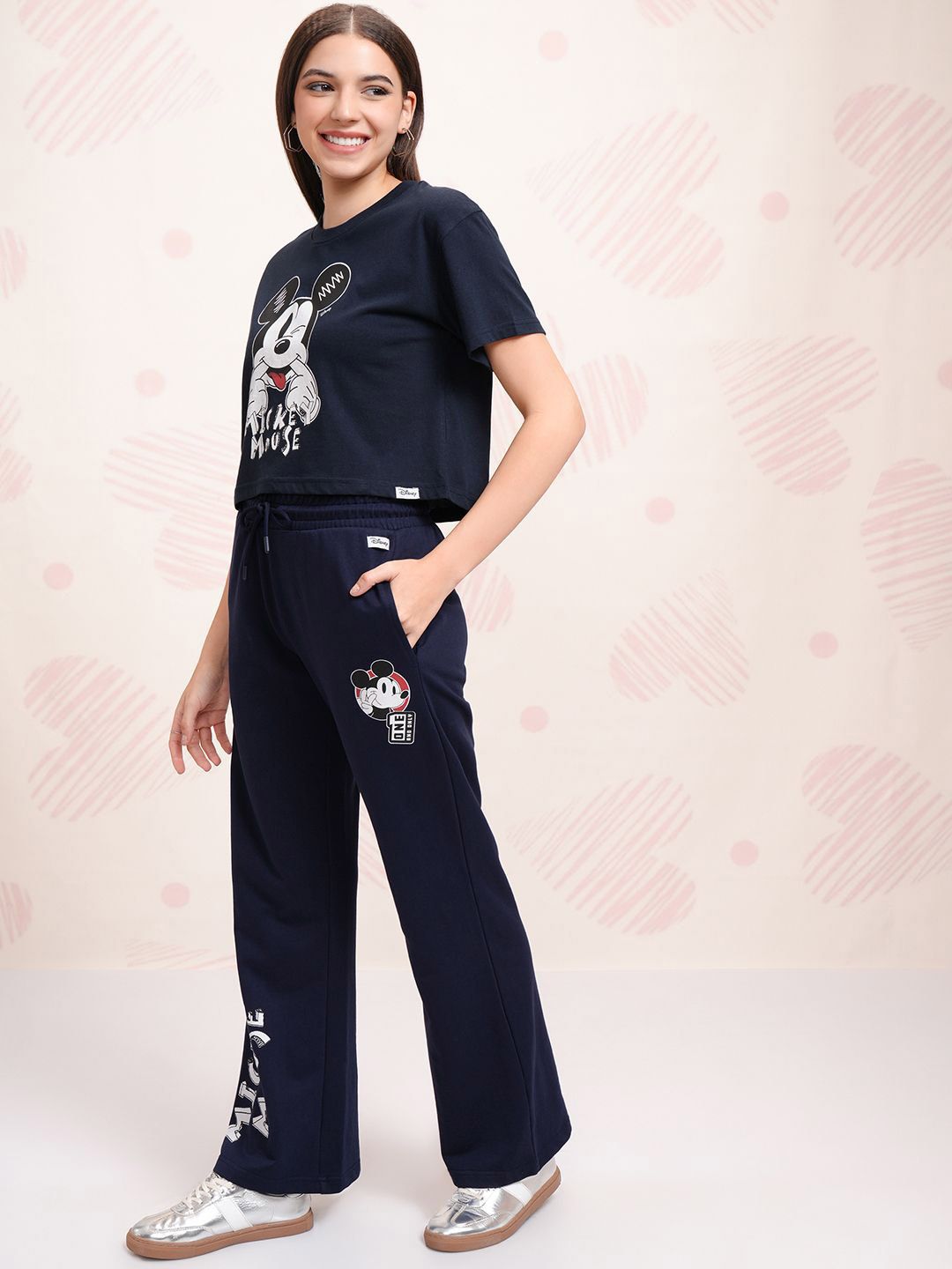 Tokyo Talkies Navy Blue Disney Mickey Mouse Printed Pure Cotton T Shirt With Trouser