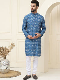 SOJANYA Motif Etnik Printed Band Collar Leher Lengan Panjang Kapas Tulen Kurta Lurus
