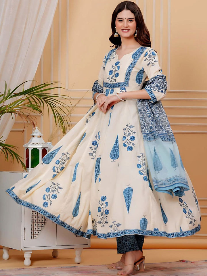 KALINI Floral Printed Panelled Anarkali Pure Cotton Kurta With Trousers & Dupatta