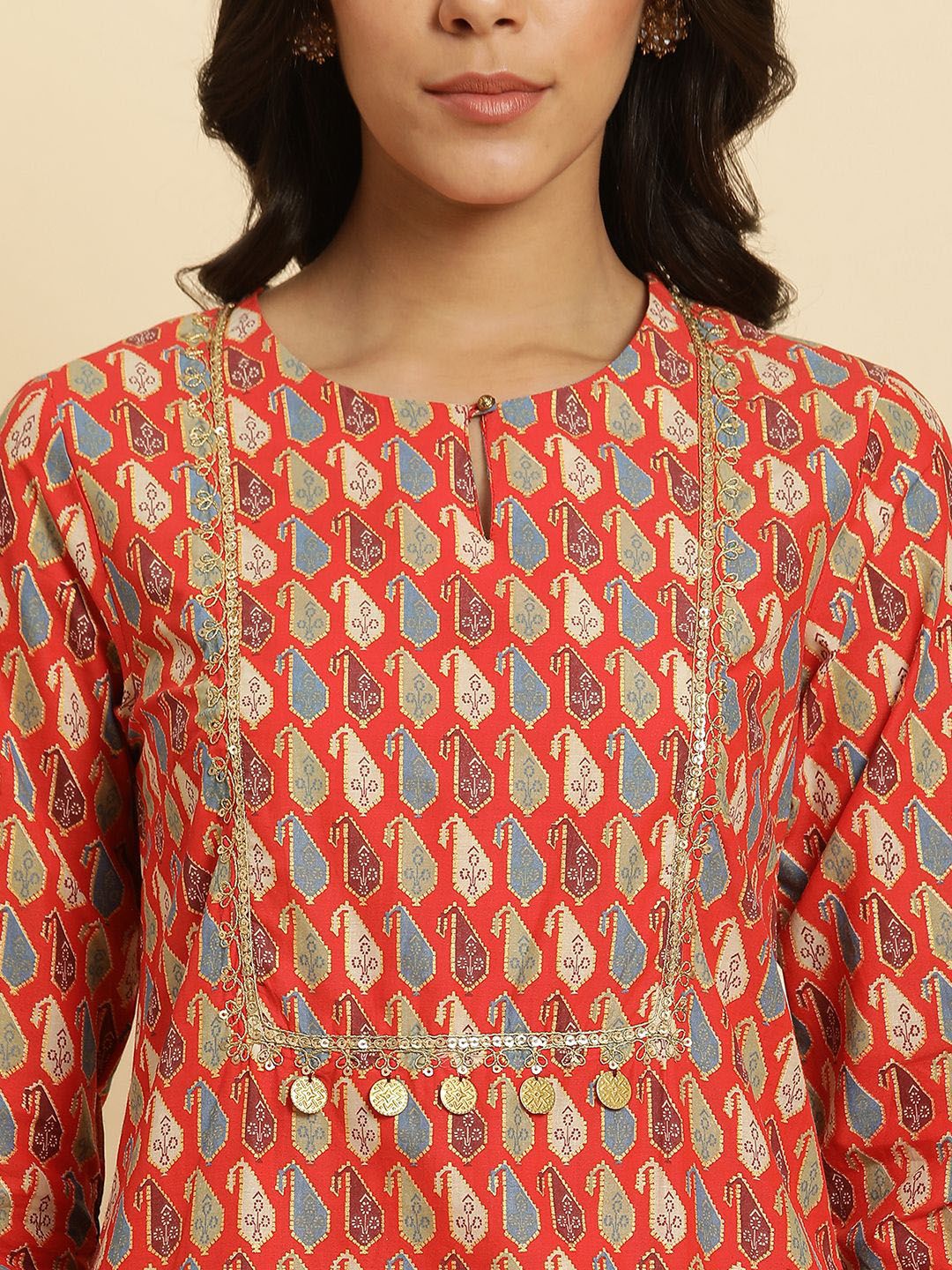 W Ethnic Motifs Printed Keyhole Neck Sequinned Straight Kurta