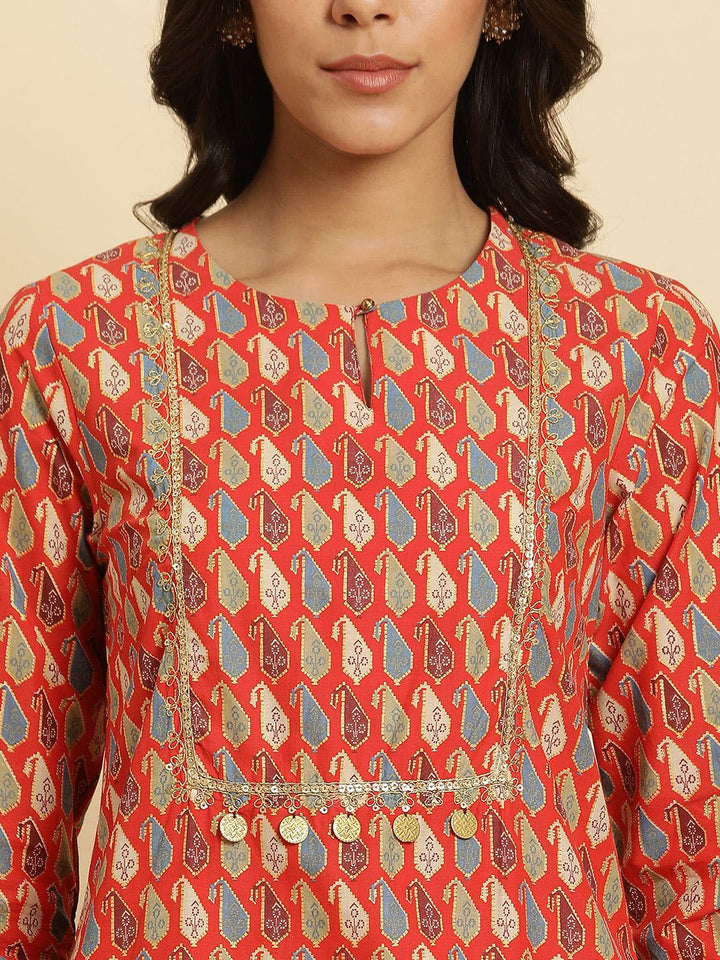 W Ethnic Motifs Printed Keyhole Neck Sequinned Straight Kurta