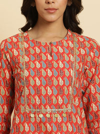 W Ethnic Motifs Printed Keyhole Neck Sequinned Straight Kurta